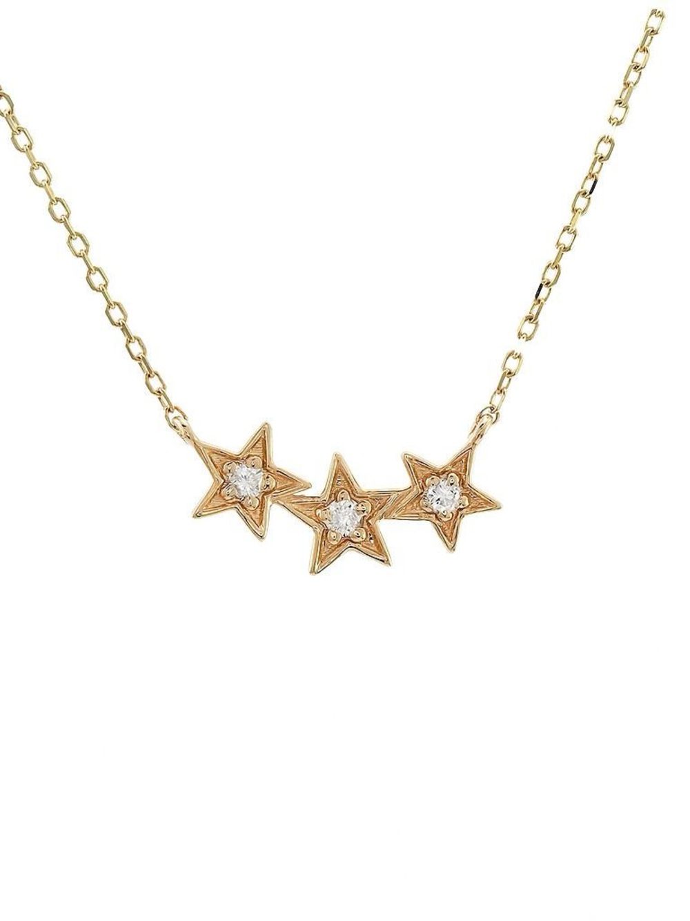 14K Real Yellow Gold 3 Star Round Prong Diamond Diamond Necklace 16+2″